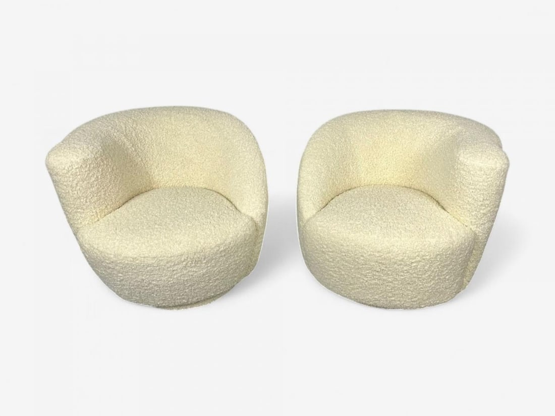 Vladimir Kagan Style, White Boucle, Nautilus Style Swivel Chairs, USA, 1970s - 11