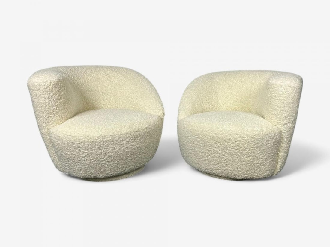 Vladimir Kagan Style, White Boucle, Nautilus Style Swivel Chairs, USA, 1970s - 3