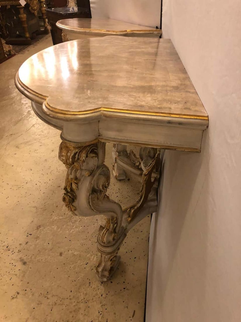 Pair of Italian Parcel Paint and Gilt Decorated Faux Marble-Top Console Tables - 10