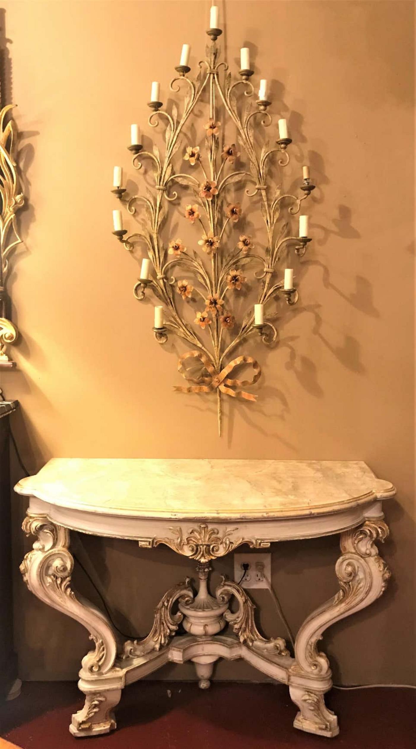 Pair of Italian Parcel Paint and Gilt Decorated Faux Marble-Top Console Tables - 11