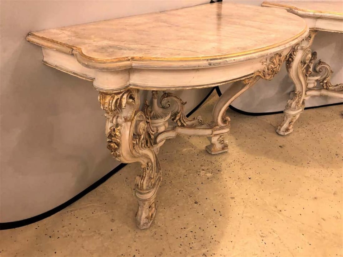 Pair of Italian Parcel Paint and Gilt Decorated Faux Marble-Top Console Tables - 3