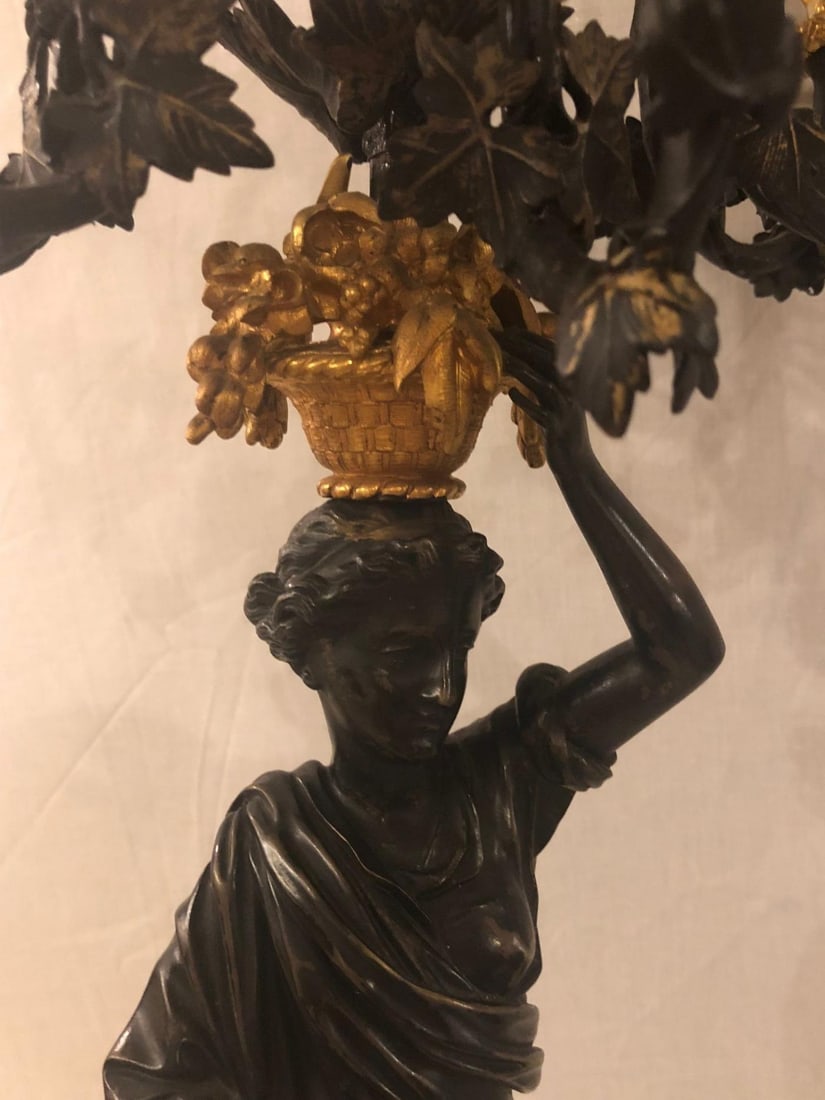 Pair of Neoclassical Style Bronze Six-Arm Figural Candelabra - 12