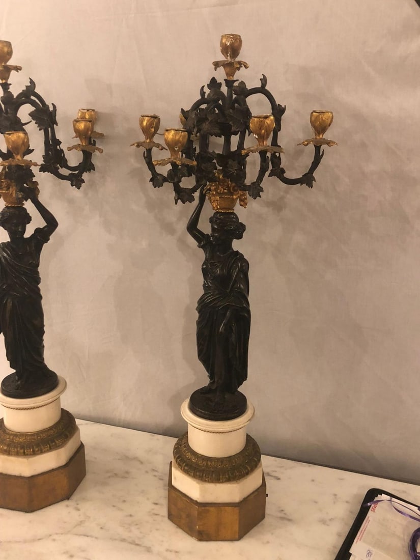 Pair of Neoclassical Style Bronze Six-Arm Figural Candelabra - 13
