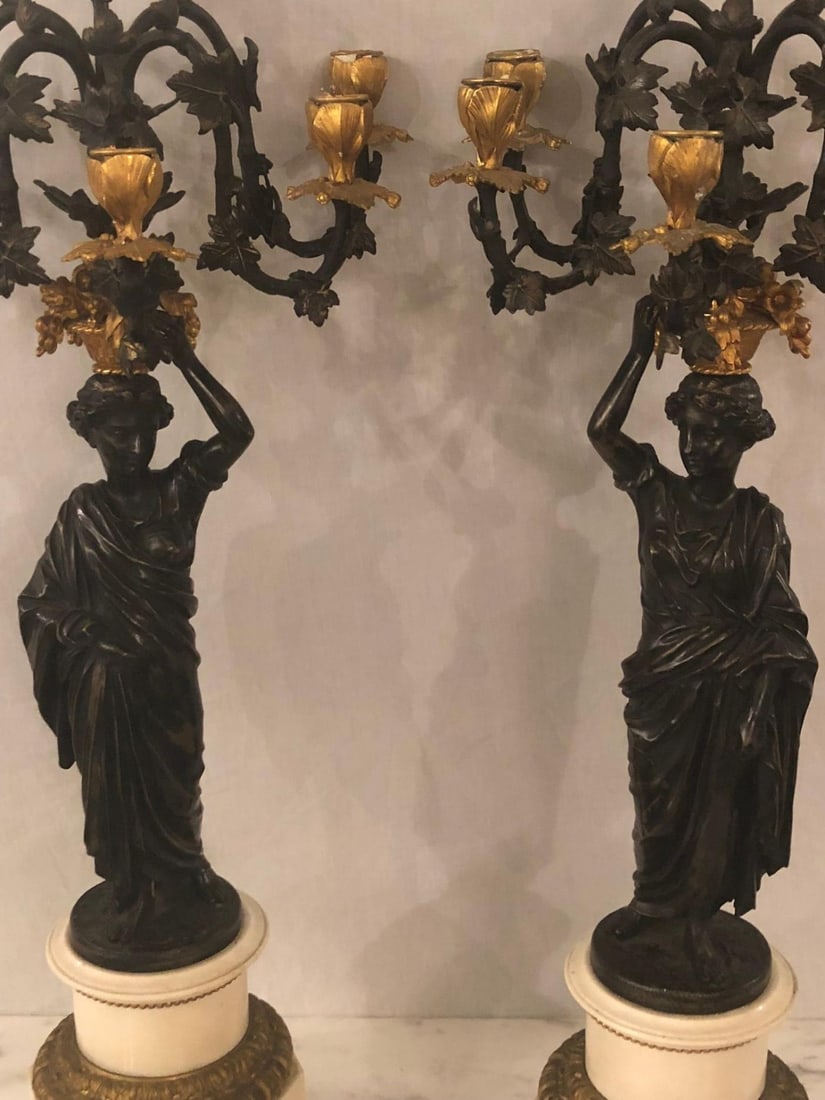Pair of Neoclassical Style Bronze Six-Arm Figural Candelabra - 3