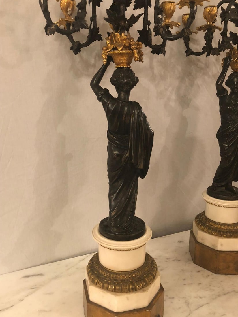 Pair of Neoclassical Style Bronze Six-Arm Figural Candelabra - 5