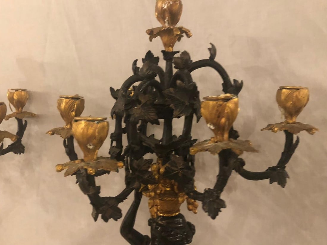 Pair of Neoclassical Style Bronze Six-Arm Figural Candelabra - 7