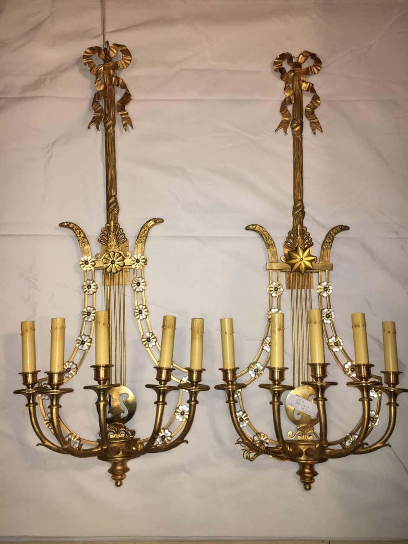Louis XVI Style Harp / Lyre Back Bronze Wall Sconce. Set of Six - 6