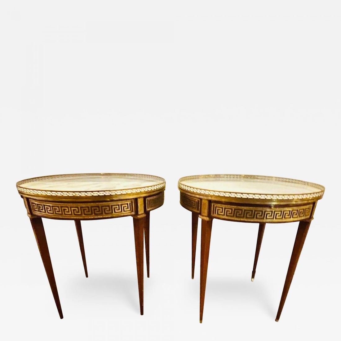 Pair of Marble Top Greek Key Bouillotte or End Tables, Manner of Jansen - 2