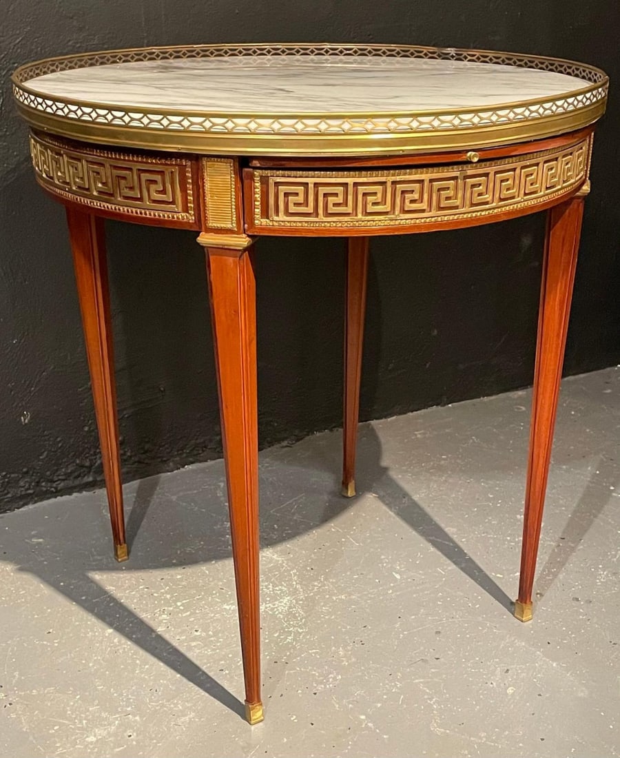 Pair of Marble Top Greek Key Bouillotte or End Tables, Manner of Jansen - 4