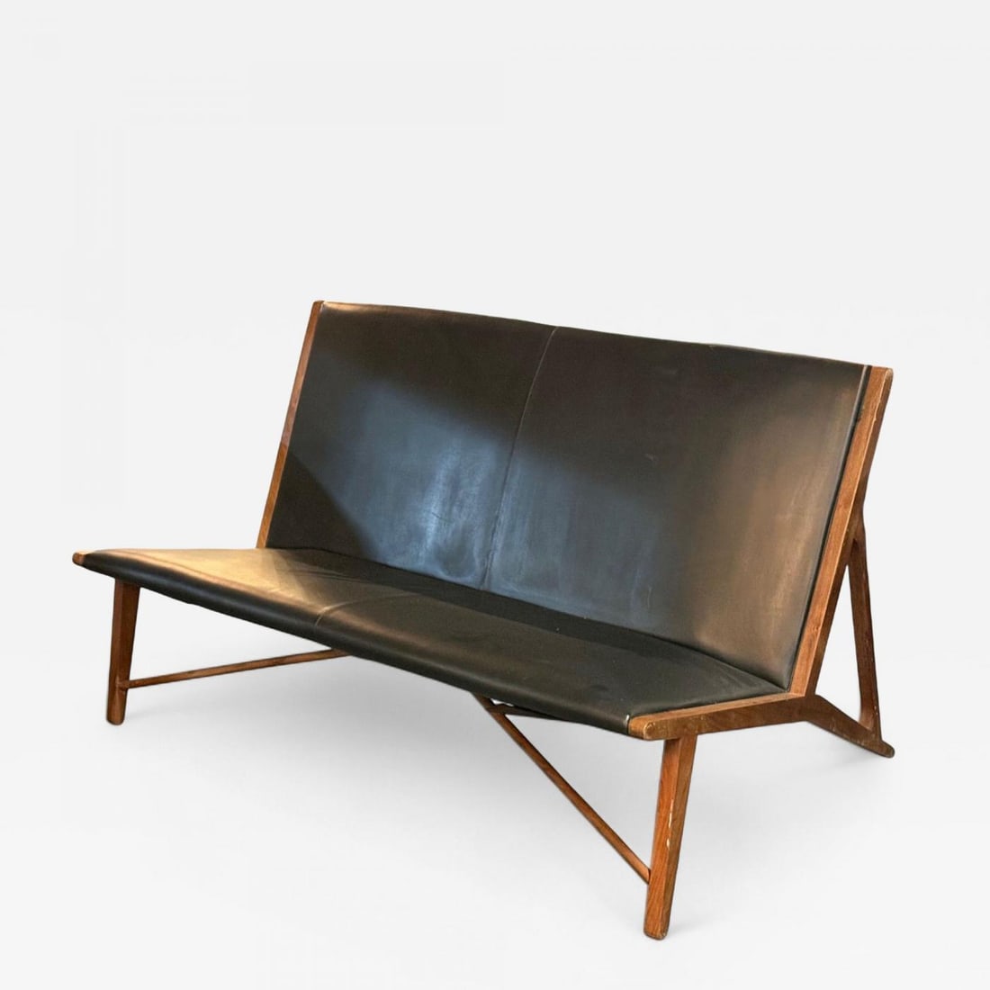 Hans J. Wegner Style, Teak, Leatherette, Settee, Denmark, 1950s - 2