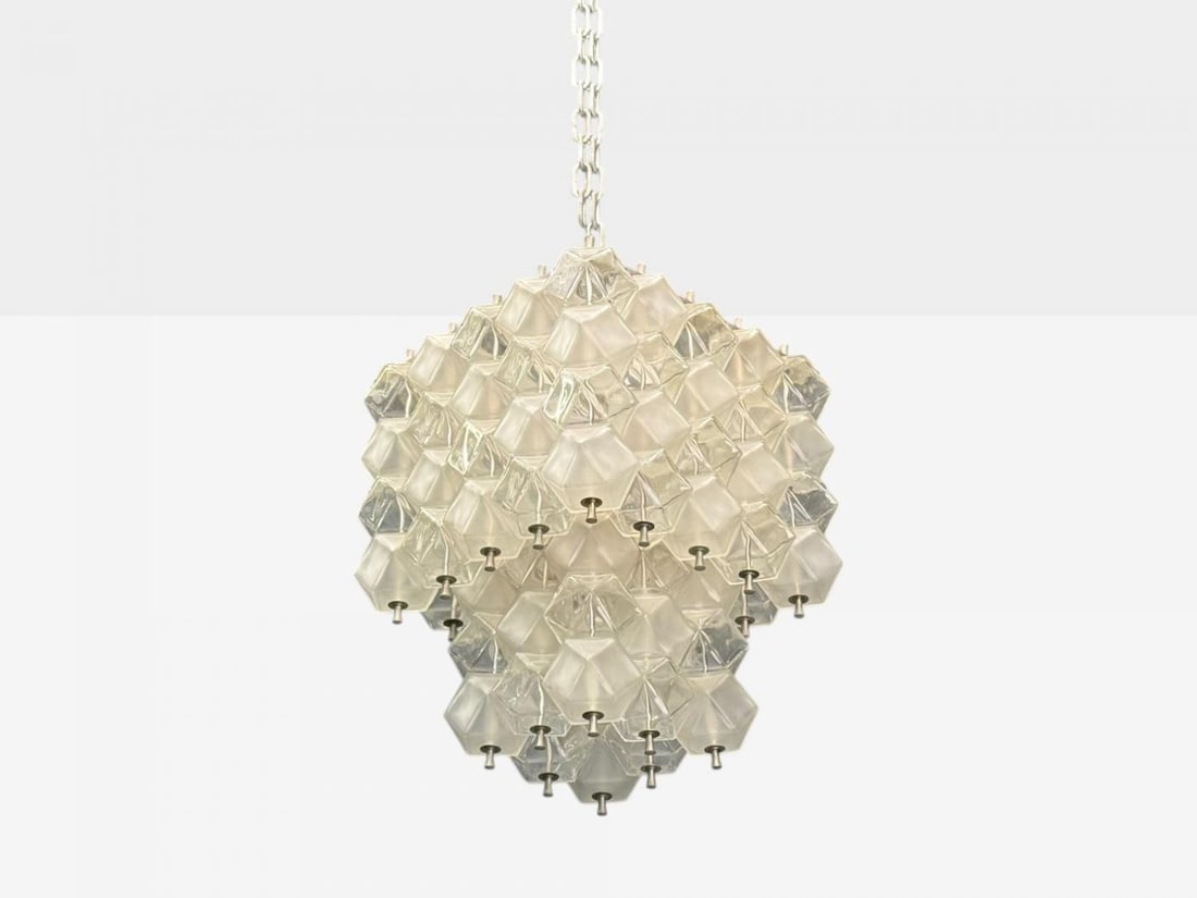 Venini Poliedri, Faceted Glass, Metal, Geometric Chandelier, Italy, 1950s - 3