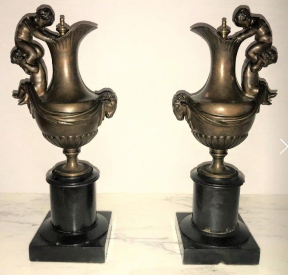 Pair of 19th Century Urns on Marble Stands Bearing Cherubs and Rams Heads - 11