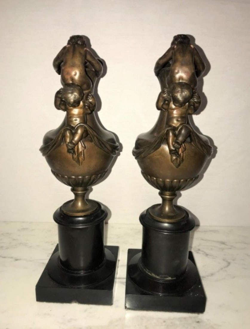 Pair of 19th Century Urns on Marble Stands Bearing Cherubs and Rams Heads - 3