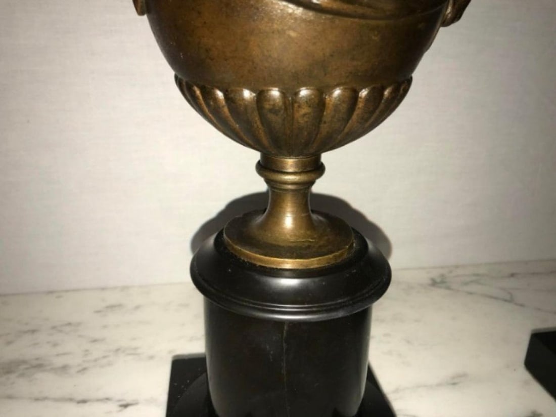 Pair of 19th Century Urns on Marble Stands Bearing Cherubs and Rams Heads - 5