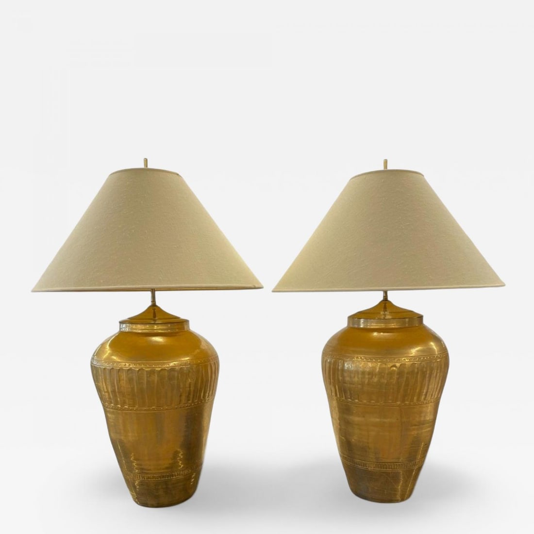 Hollywood Regency, Water Gilt, Fabric, Monumental Table Lamps, USA, 1970s - 2