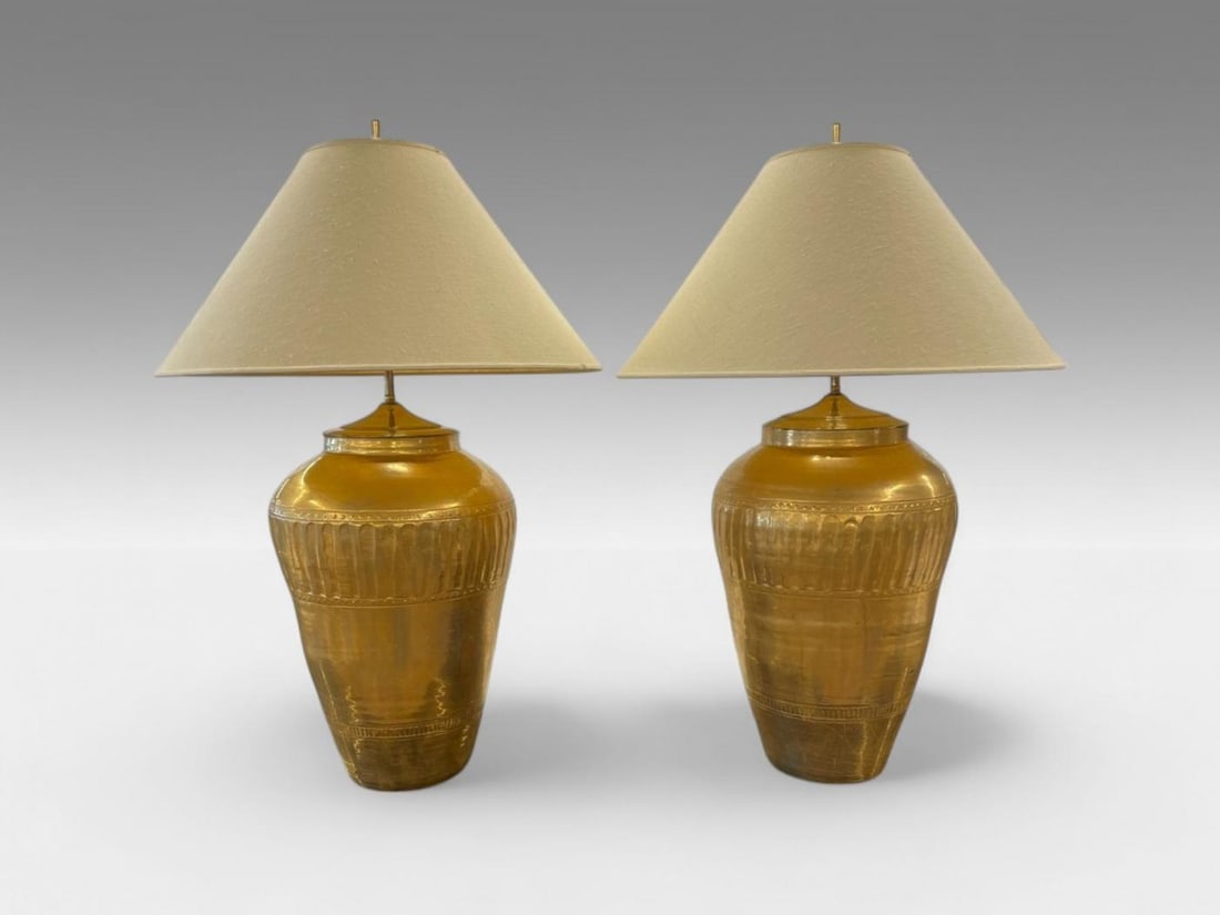 Hollywood Regency, Water Gilt, Fabric, Monumental Table Lamps, USA, 1970s - 3
