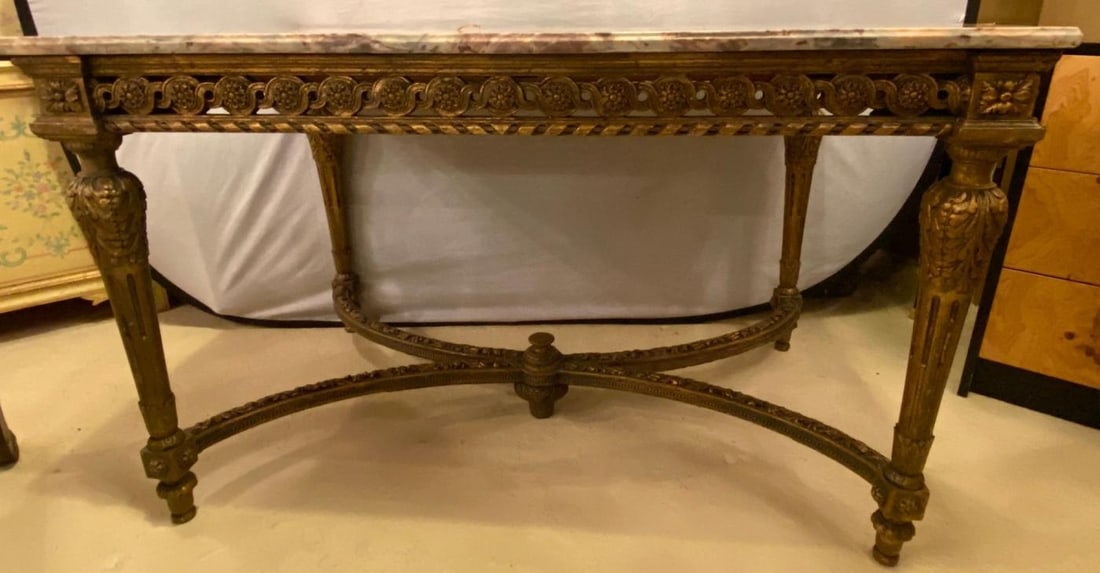 Center Table or Console Louis XVI Jansen Style Stunning Marble Top Gilt Base - 13