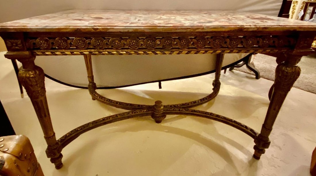 Center Table or Console Louis XVI Jansen Style Stunning Marble Top Gilt Base - 8