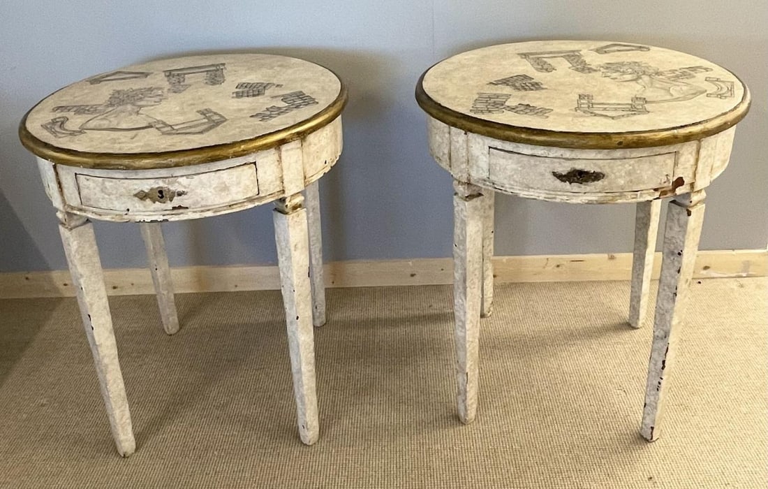 Gustavian Pair of End, Side Tables, Swedish Paint Decorated, Fornasetti Style - 11