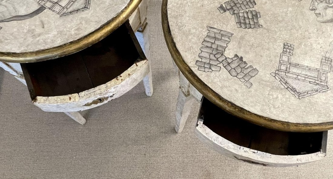 Gustavian Pair of End, Side Tables, Swedish Paint Decorated, Fornasetti Style - 13