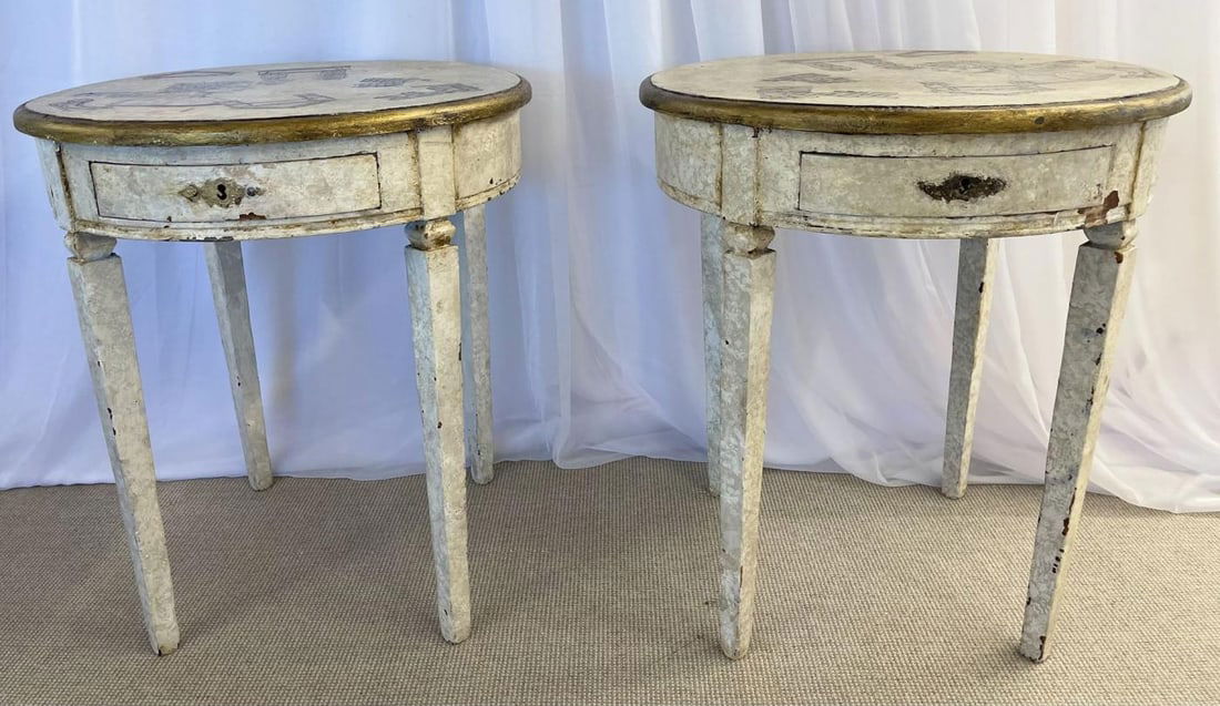 Gustavian Pair of End, Side Tables, Swedish Paint Decorated, Fornasetti Style - 3