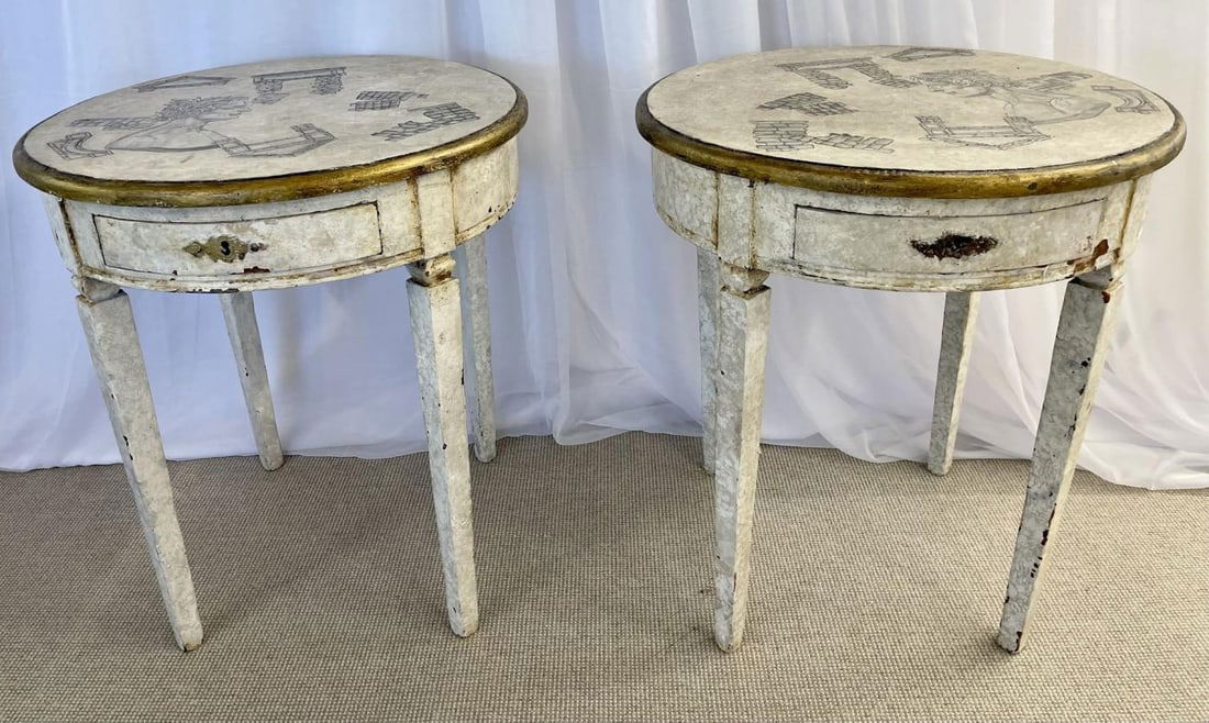 Gustavian Pair of End, Side Tables, Swedish Paint Decorated, Fornasetti Style - 4