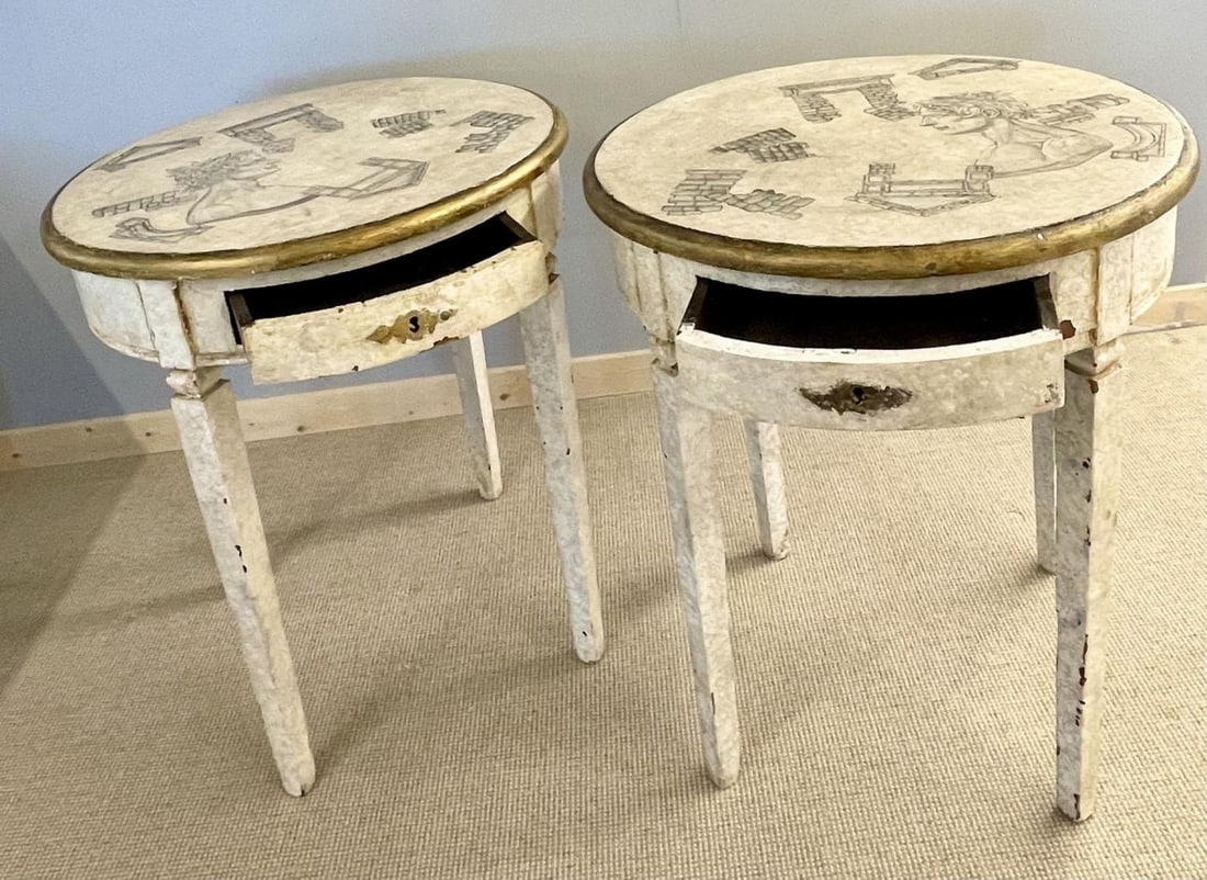 Gustavian Pair of End, Side Tables, Swedish Paint Decorated, Fornasetti Style - 5