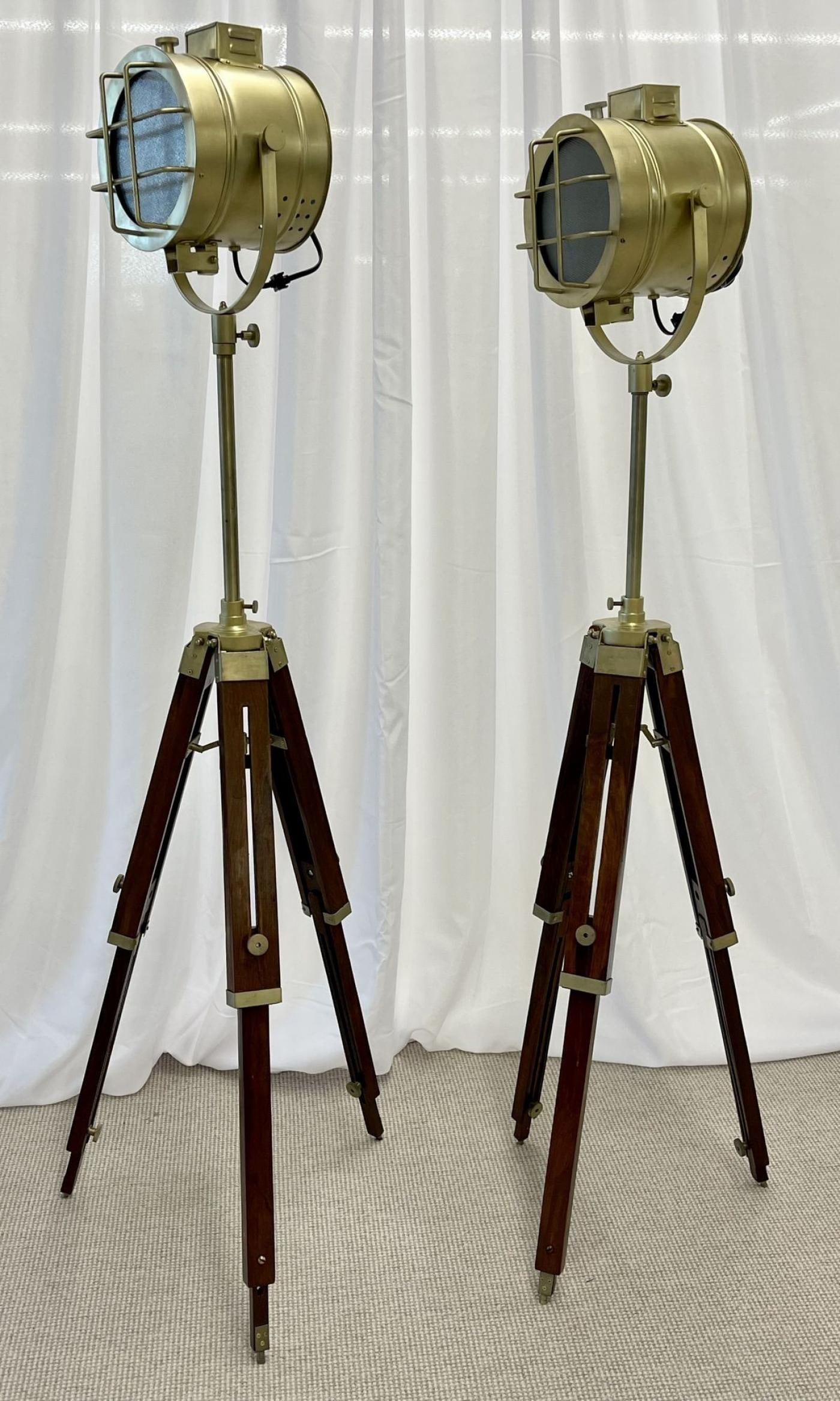 Pair of Industrial Style Search Lights, Mahogany Tri-Pod Base - 13