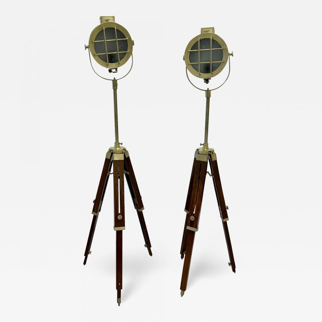 Pair of Industrial Style Search Lights, Mahogany Tri-Pod Base - 2