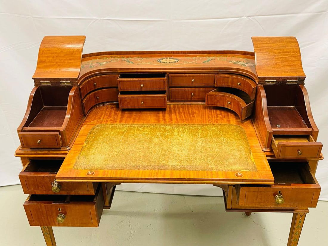 Adams Edwardian Inlaid Carlton House Desk, Hand Painted, Satinwood, A. Kaufman - 10