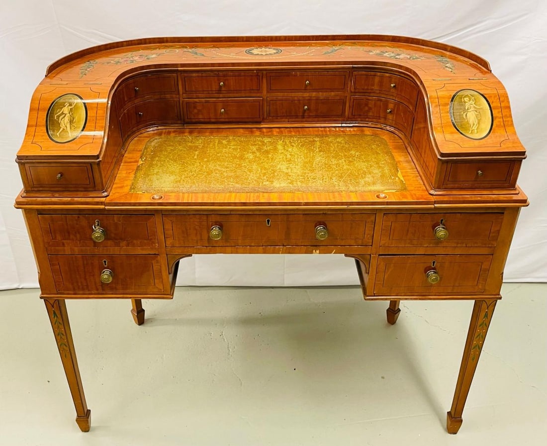 Adams Edwardian Inlaid Carlton House Desk, Hand Painted, Satinwood, A. Kaufman - 3
