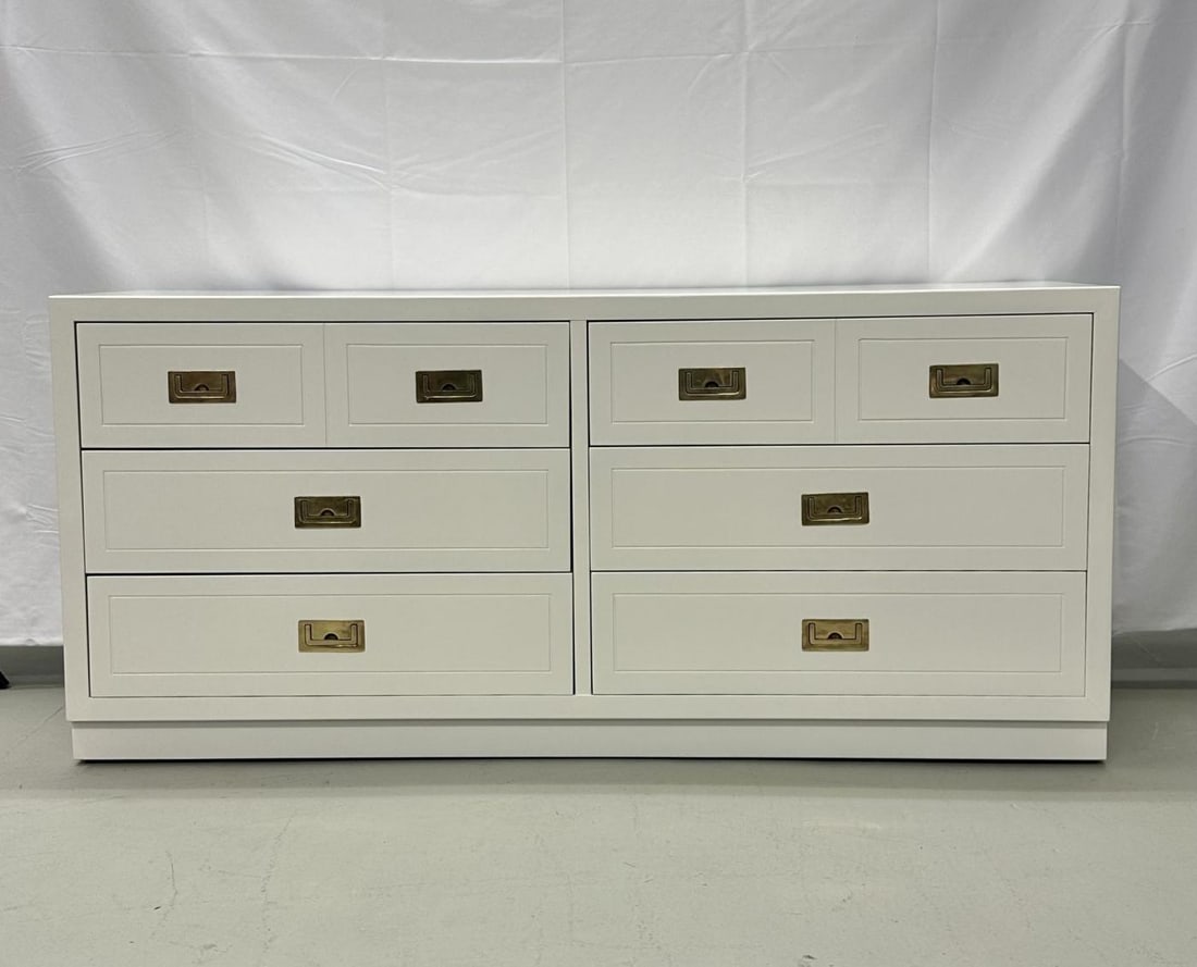 Mid-Century Modern White Campaign Dresser / Chest of Drawers, America, Brass - 3