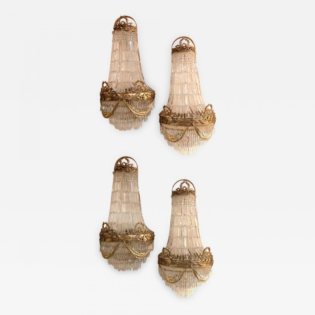 Louis XVI Style, Wall Sconces, Basket Form, Gilt Bronze, Crystal, France, 1940s: Louis XVI Style, Wall Sconces, Basket Form, Gilt Bronze, Crystal, France, 1940s A pair of large basket form Louis XVI style gilt bronze and crystal wall sconces. Each example features finely cast bron