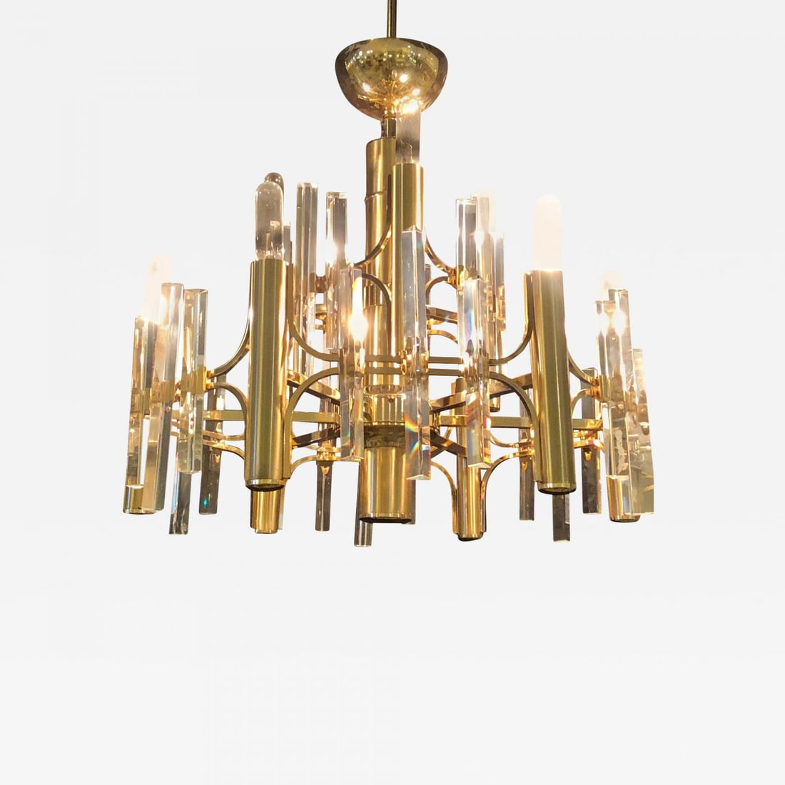 Tommi Parzinger Style Brass Chandelier Cylindrical Lights Crystal Prisms - 2