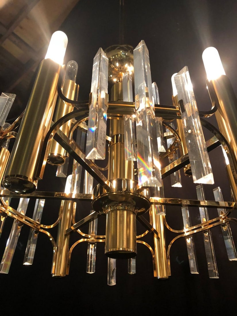 Tommi Parzinger Style Brass Chandelier Cylindrical Lights Crystal Prisms - 3