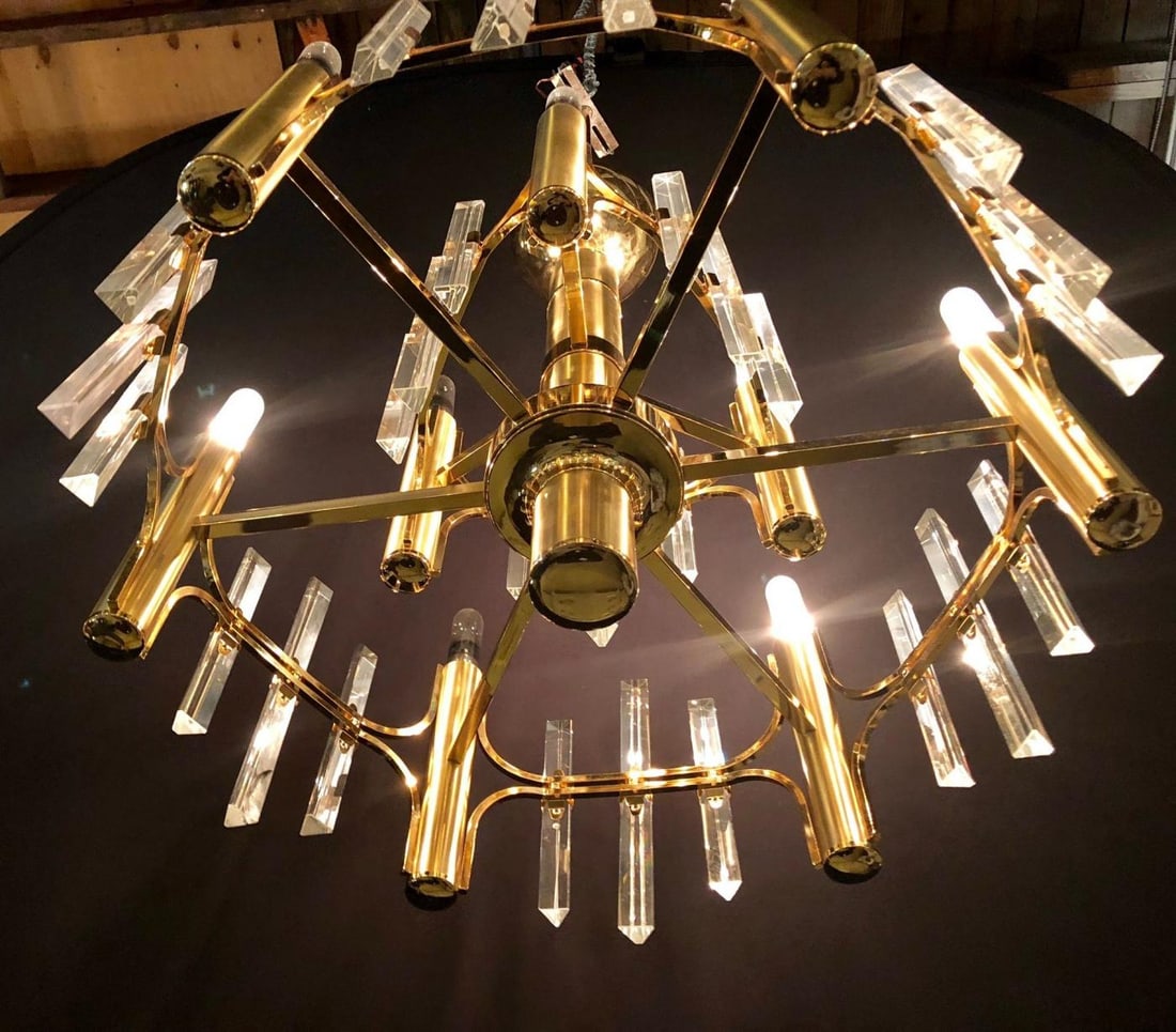 Tommi Parzinger Style Brass Chandelier Cylindrical Lights Crystal Prisms - 5