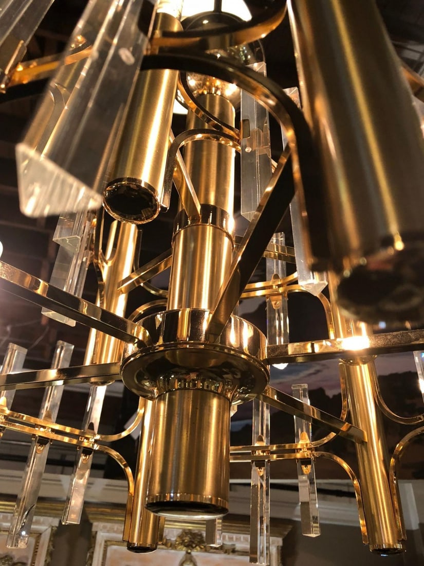 Tommi Parzinger Style Brass Chandelier Cylindrical Lights Crystal Prisms - 7