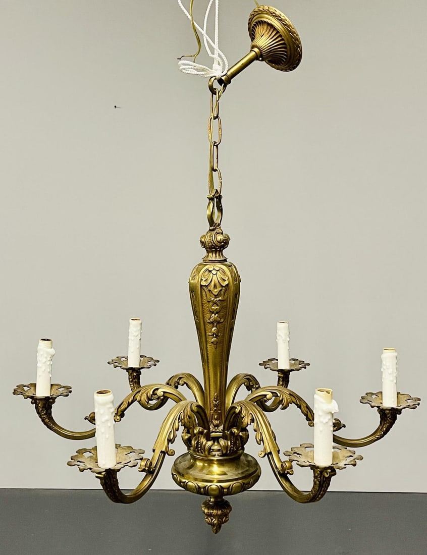 French Solid Bronze Six Light Chandelier, Canopy, Chain, Estate item - 3