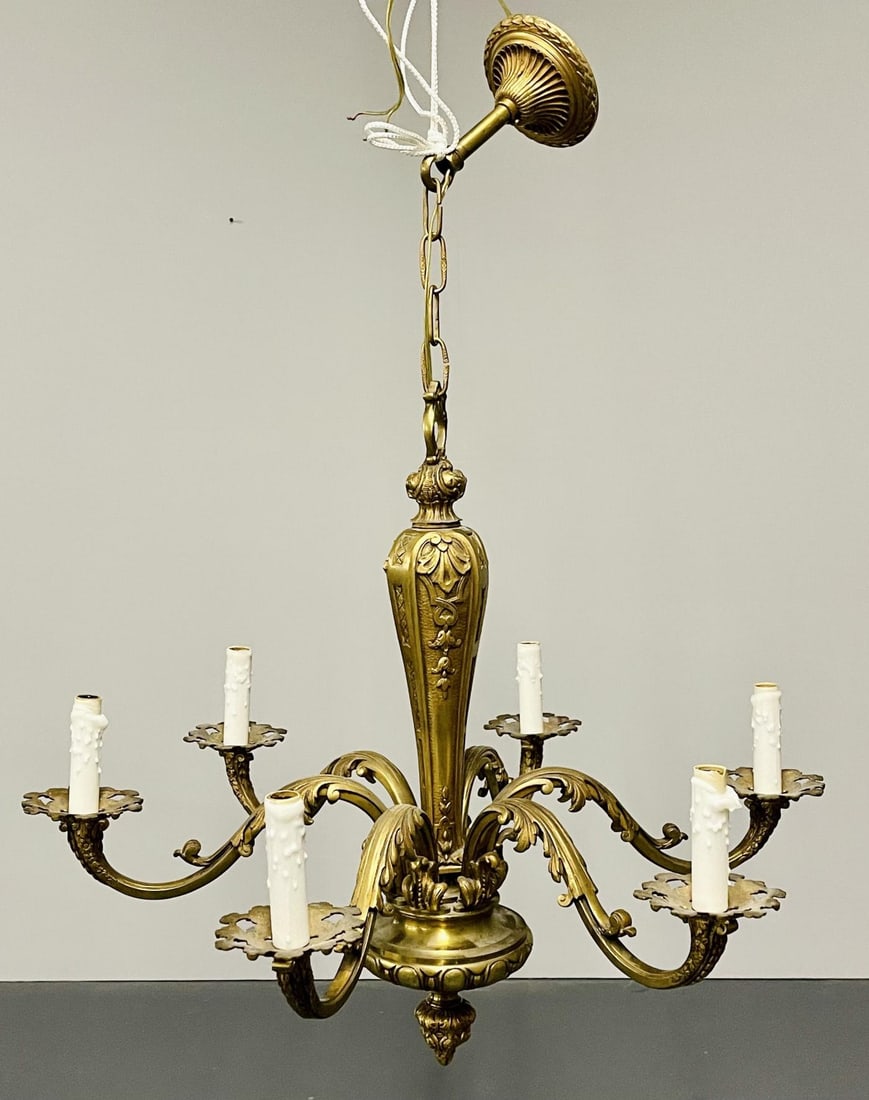 French Solid Bronze Six Light Chandelier, Canopy, Chain, Estate item - 4
