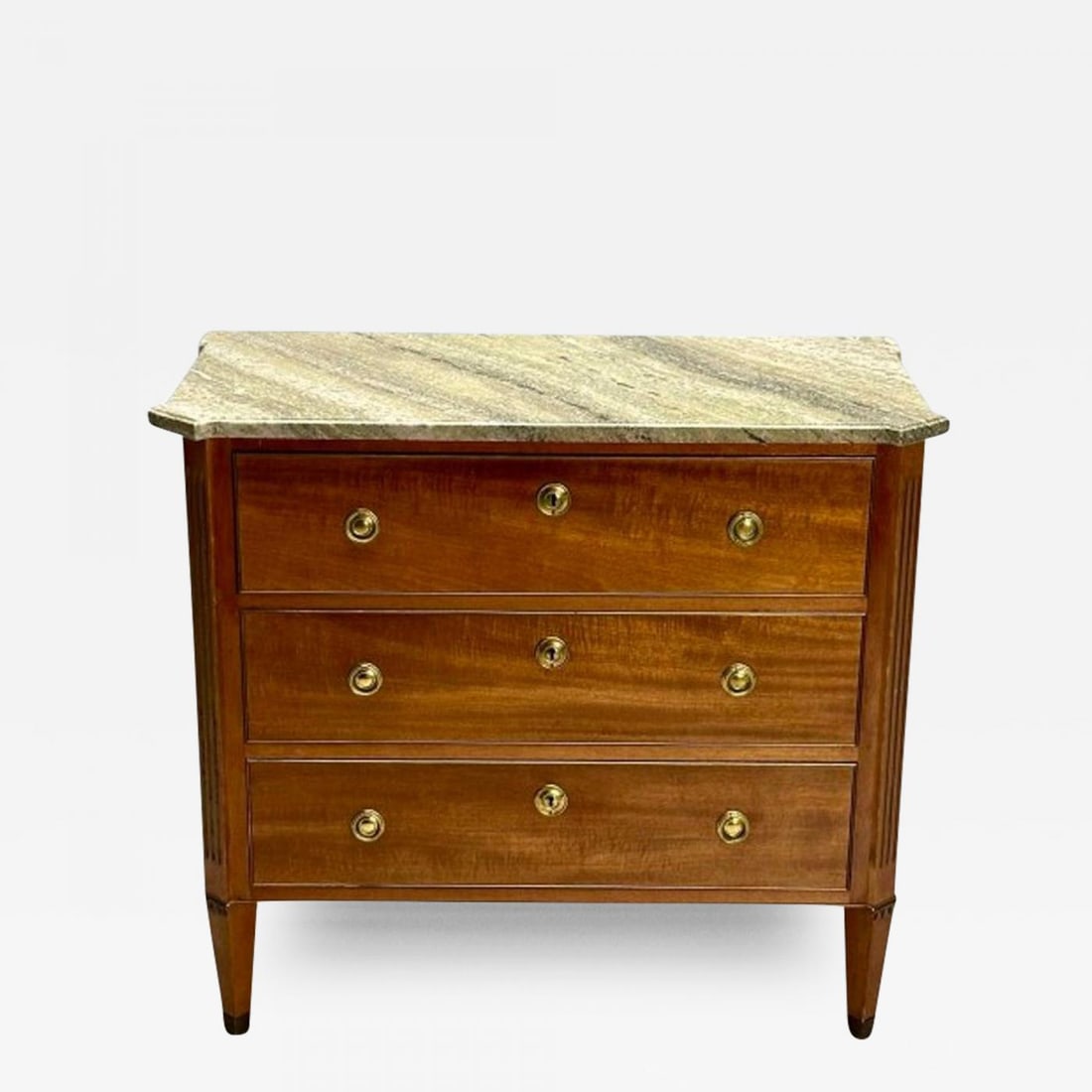Gustavian, Louis XVI Style, Commode, Mahogany, Marble, Brass, Sweden, 1980s: Gustavian, Louis XVI Style, Commode, Mahogany, Marble, Brass, Sweden, 1980s Gustavian chest of drawers designed and produced in Sweden in the later half of the 20th century. This example has a marble