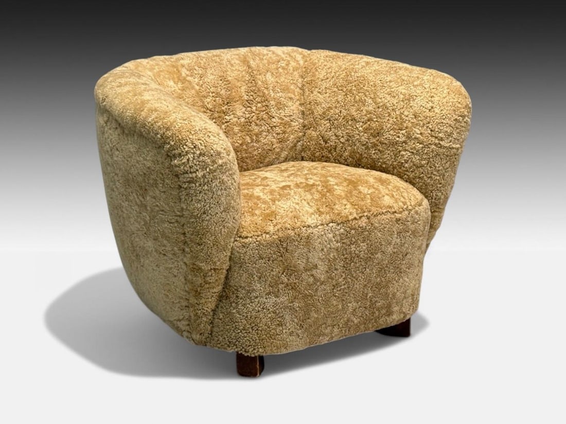 Danish Modern, Beech, Honey Sheepskin, Banana Style Tub Chair, Denmark, 1930s - 3