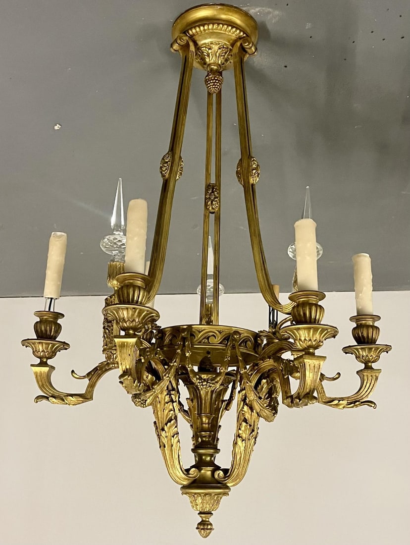 Louis XVI 19th Century Dore Bronze Chandelier, Six Light, Estate Item - 3