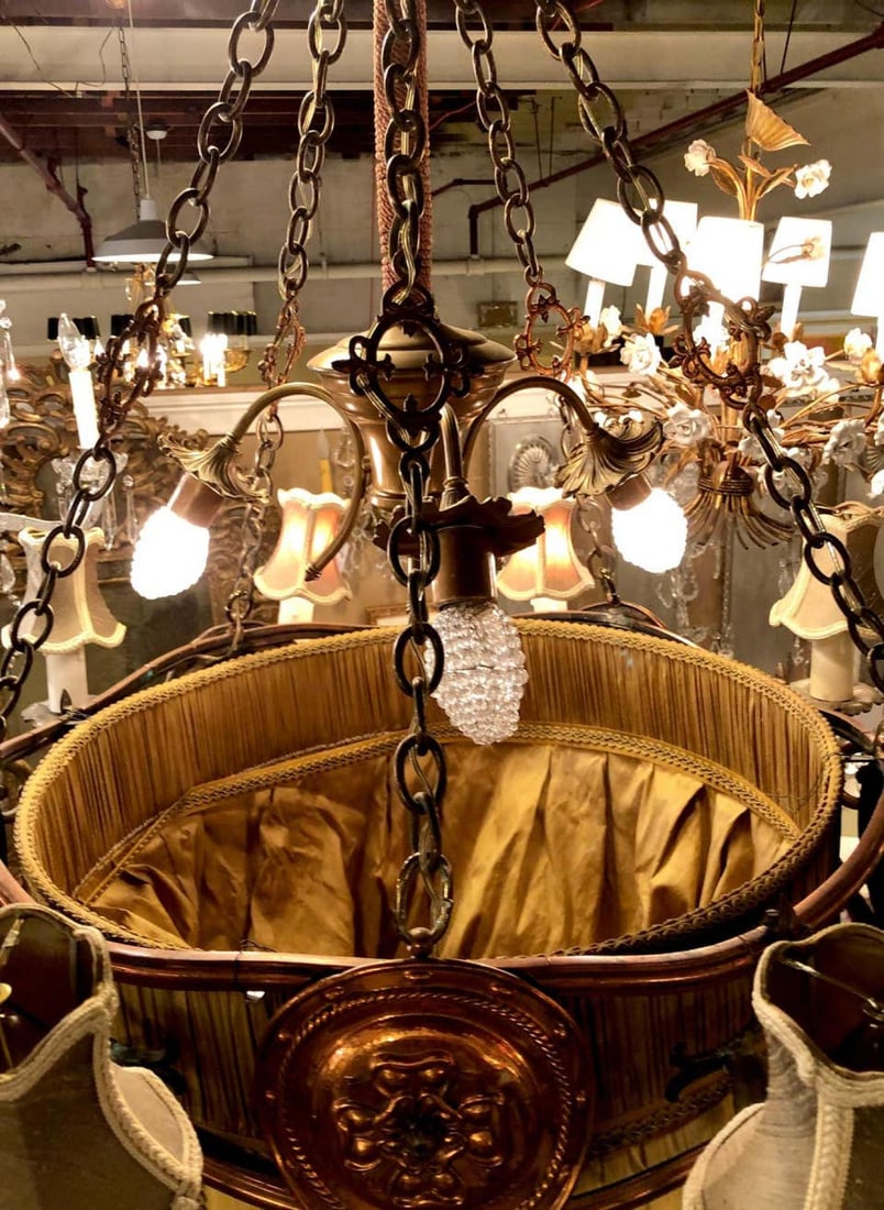 Palatial Light Fixture in Copper, Brass and Iron with Silk Dome Shade - 13