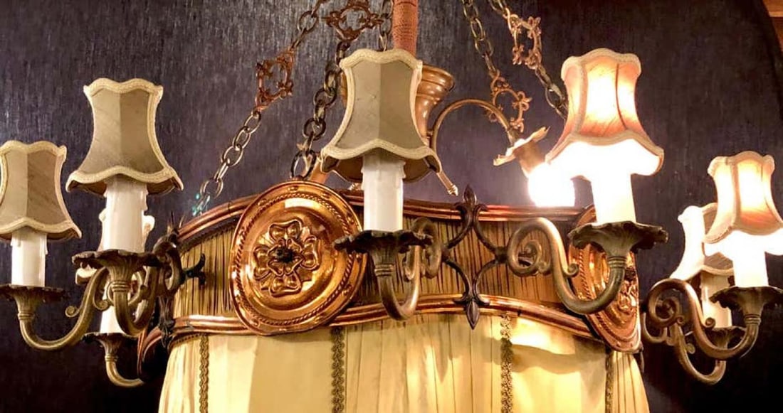 Palatial Light Fixture in Copper, Brass and Iron with Silk Dome Shade - 7