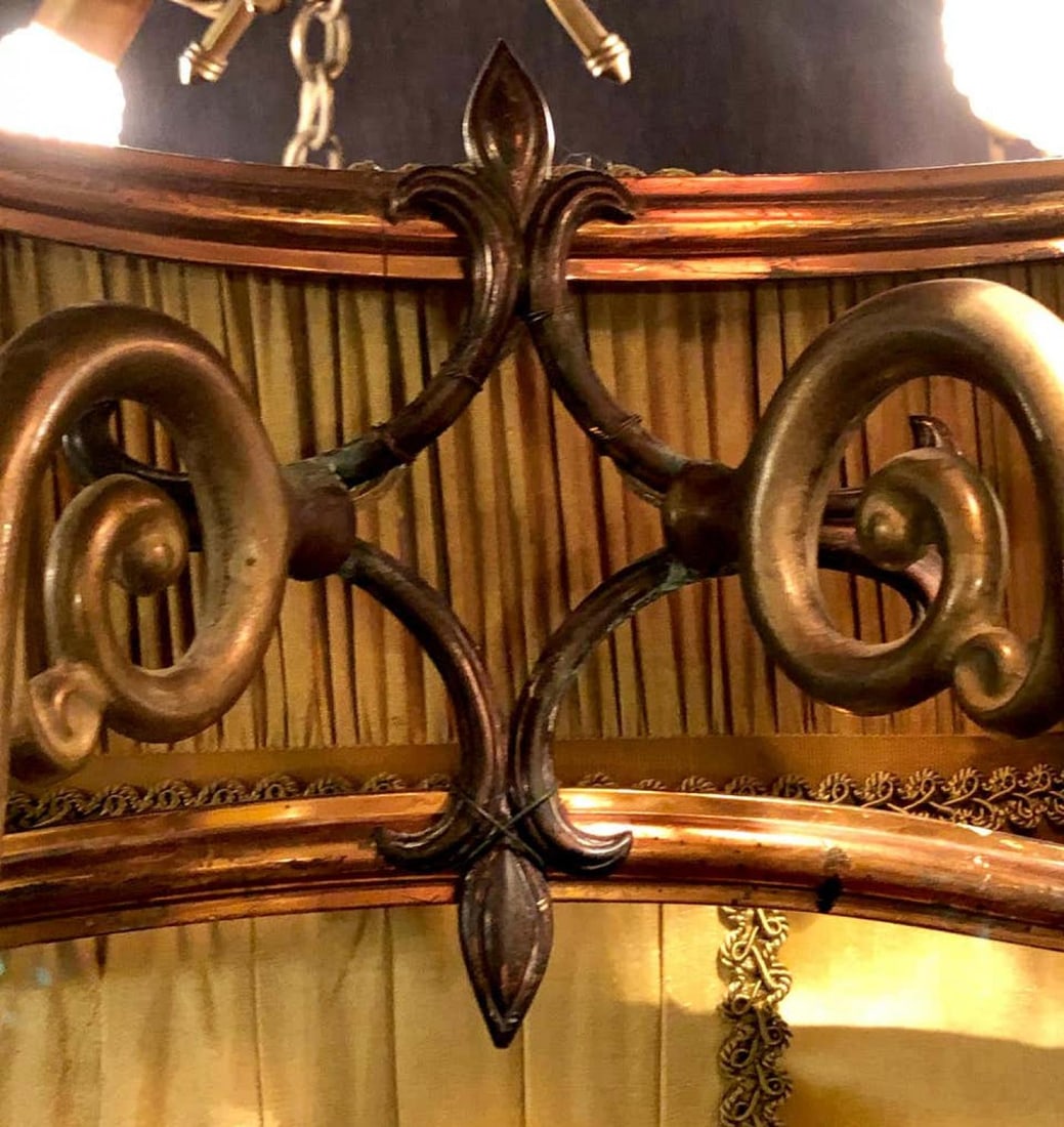 Palatial Light Fixture in Copper, Brass and Iron with Silk Dome Shade - 9