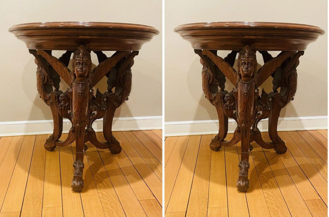 Pair R. J. Horner End Tables, Side or Pedestal Tables, Carved, Inlaid, Rare - 3