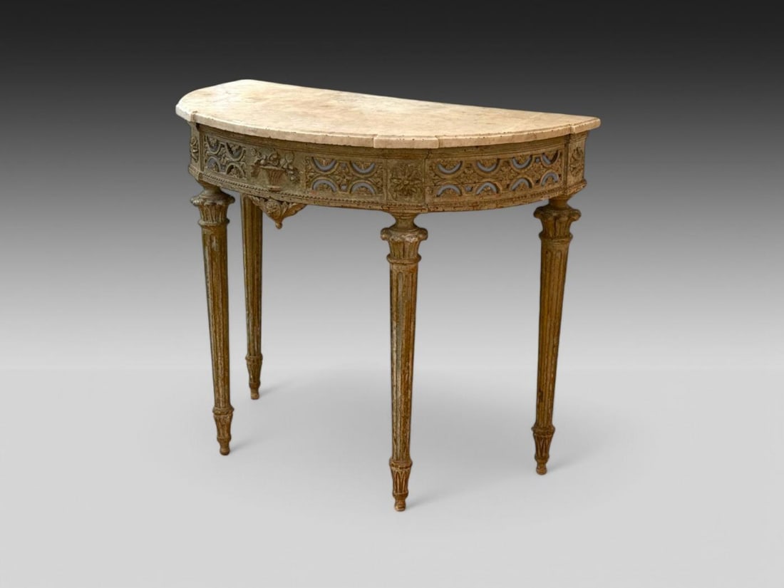 Gustavian, Louis XI, Painted Wood, Marble, Demilune Console Table, France, 1780 - 5