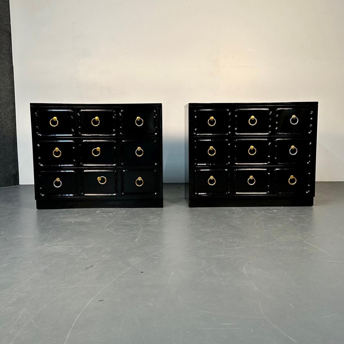 Pair Dorothy Draper for Heritage Style Espana Chests, Nightstands, Black Lacquer - 12