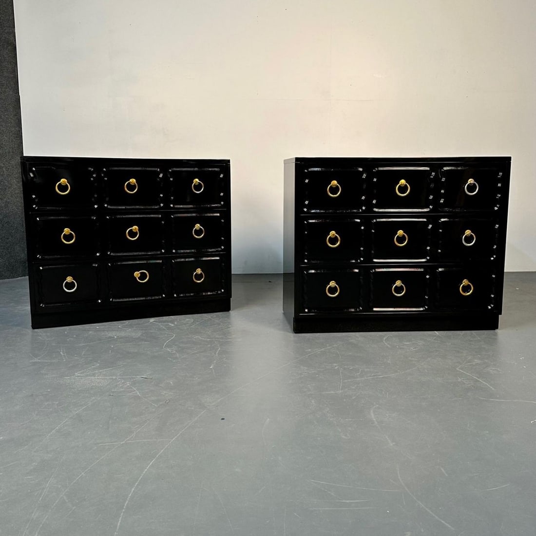 Pair Dorothy Draper for Heritage Style Espana Chests, Nightstands, Black Lacquer - 13