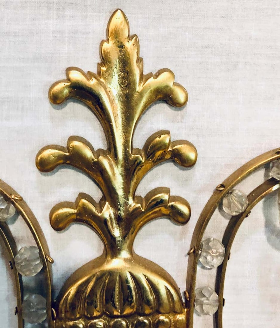 Pair of Bagues Louis XVI Style Lyre Back Crystal and Brass 2 Light Wall Sconces - 12